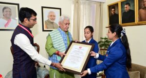 Lt Governor Presents Certificate of Excellence Award to Para Archers Sheetal Devi, Rakesh Kumar and Coach, Abhilasha Choudhary